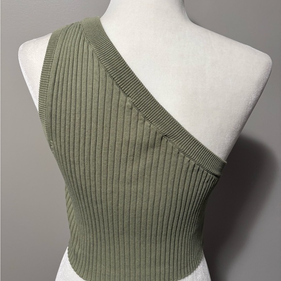 Zara One-Shoulder Ribbed Knit Crop Top Olive Green - Picture 6 of 8